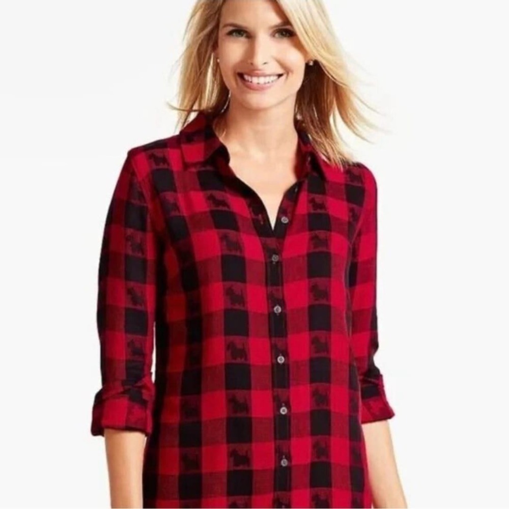Talbots Red Black Buffalo Plaid Scottie Dog Button Down Shirt 1XP Petite Rayon